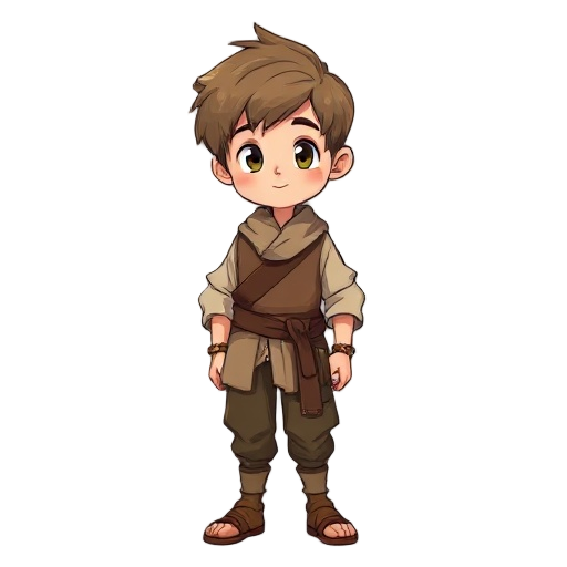 young small boy wearing peasant clothes, about 15 years old, medieval age, anime style with cartton style. anime-style hair.