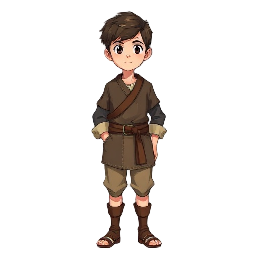 young boy wearing peasant clothes, about 15 years old, medieval age, anime style.