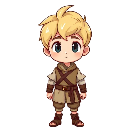 young small boy wearing peasant clothes, about 15 years old, medieval age, manga style with cartoon style. blonde manga-style hair. chibi character.