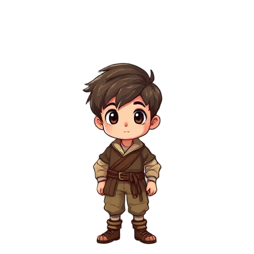 young small boy wearing peasant clothes, about 15 years old, medieval age, manga style with cartoon style. manga-style hair.