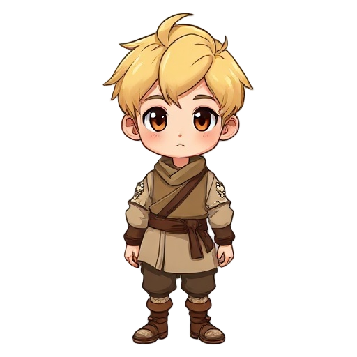 young small boy wearing peasant clothes, about 15 years old, medieval age, manga style with cartoon style. blonde manga-style hair. chibi character. brown eyes.