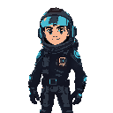 personagem masculino com traje futurista de exploração espacial, com detalhes tecnológicos, armadura leve, tons de preto e azul, capacete com visor iluminado, aparência confiante e atlética, pronto pa