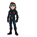 personagem masculino com traje futurista de exploração espacial, com detalhes tecnológicos, armadura leve, tons de preto e azul, capacete com visor iluminado, aparência confiante e atlética, pronto pa