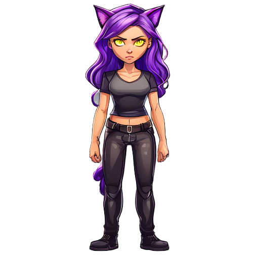 woman, purple hair, yellow eyes, cat ears, adult, serious, tshirt v, leather pant