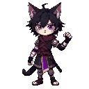 a teen anime cat boy with a cyberpunk-samurai-ninja-medieval outfit, prosthetic right arm, purple electromagnetic powers, messy shoulder-length dark hair, cat ears, and glowing katana