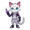 a soft looking anime cat boy with a cyberpunk style and prostatic right arm, with purple electromagnetic powers 