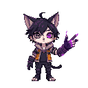 a soft looking half human half  anime cat boy with a cyberpunk style and prostatic right arm, with purple electromagnetic powers, one eye is purple the other is green, with messy dark hair 