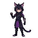 a teen anime cat boy with a cyberpunk-samurai-ninja-medieval outfit, prosthetic right arm, purple electromagnetic powers, messy shoulder-length dark hair, cat ears, and glowing katana
