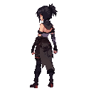 human-like  busty and curvy teen anime girl with a cyberpunk-samurai-ninja-medieval outfit, prosthetic right arm, purple electromagnetic powers, messy shoulder-length dark hair, back view