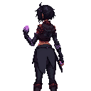 human-like  busty and curvy teen anime girl with a cyberpunk-samurai-ninja-medieval outfit, prosthetic right arm, purple electromagnetic powers, messy shoulder-length dark hair, back view