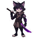  a teen anime cat boy with a cyberpunk-samurai-ninja-medieval outfit, prosthetic right arm, purple electromagnetic powers, messy shoulder-length dark hair, cat ears, and glowing katana 