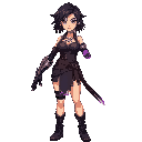 human-like busty and curvy teen anime girl with a cyberpunk-samurai-ninja-medieval outfit, prosthetic right arm, purple electromagnetic powers, messy shoulder-length dark hair, lots of exposed skin