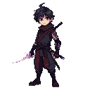 human-like teen anime boy with a cyberpunk-samurai-ninja-medieval outfit, prosthetic right arm, purple electromagnetic powers, messy shoulder-length dark hair, and glowing katana