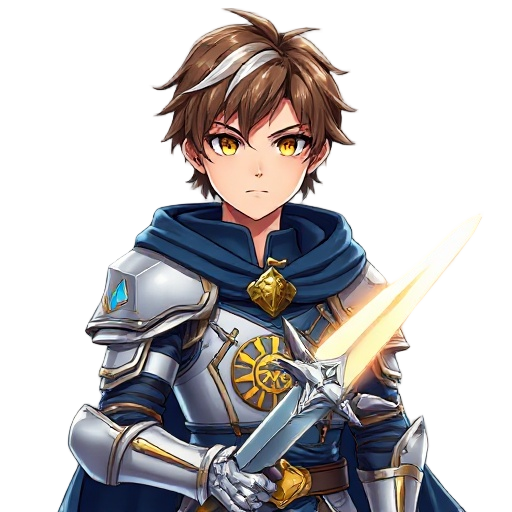 “full-body 2d anime-style character design of a young male knight, 19 years old, heroic look, medium brown messy hair with silver streaks, golden eyes, wearing silver and blue light armor with golden accents and a dark blue cloak bearing a sun emblem, hol