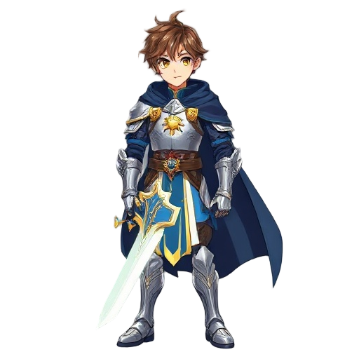 “full-body 2d anime-style character design of a young male knight, 19 years old, heroic look, medium brown messy hair with silver streaks, golden eyes, wearing silver and blue light armor with golden accents and a dark blue cloak bearing a sun emblem, hol