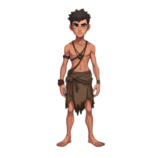 character sheet of a human wearing almost nothing but rags