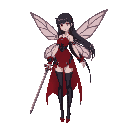 anime fairy with long legs and that has a sword. pretty, mature woman. dark hair and red and black outfit, no wings. outlined.