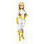 a 25 year old european superheroine girl, full body, standing up, blonde long straight hair with part at a side, kind face, full body image, looking up front, wearing a tight white superheroine body suit and yellow tight gloves and yellow tight tall boots
