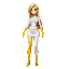 a 25 year old european superheroine girl, full body, standing up, blonde long straight hair with part at a side, kind face, full body image, looking up front, wearing a tight white superheroine body suit and yellow tight gloves and yellow tight tall boots
