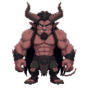 strong demon, muscular, horns, tall, long, black hair, standing straight