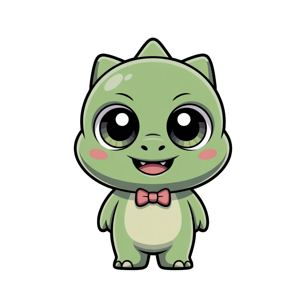 a cute chibi kaiju character 2d cartoon style with a low-poly 2.5d vibe. small and round body, soft pastel green skin, big black shiny eyes with highlights, rosy cheeks, and a happy expression. dinossaur monster 