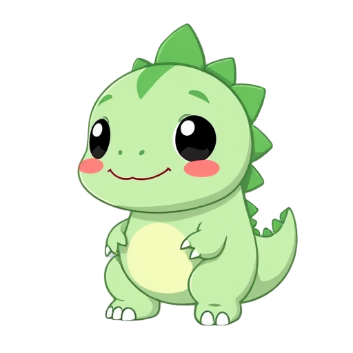 a cute chibi kaiju character 2d cartoon style with a low-poly 2.5d vibe. small and round body, soft pastel green skin, big black shiny eyes with highlights, rosy cheeks, and a happy expression. dinossaur monster 