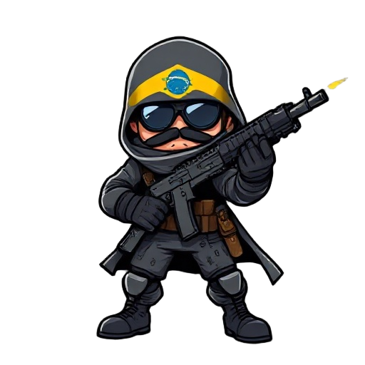 me crie um personagem estilo mercenario de guerra com uma mascara do brasil me faca ele segurando um fuziul