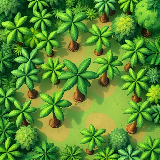 several trees on a tilemap, tropical trees, forests, well detailed top down style