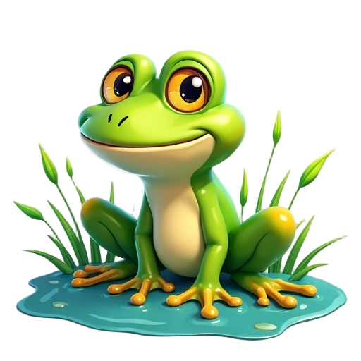 a detailed and vibrant 2d side-view sprite of a green frog, sitting on a puddle with grass elements in the background, cartoon style with shiny textures and smooth outlines, similar to a hand-painted digital illustration, suitable for a platformer game. t