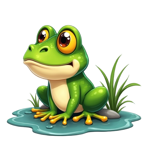 a detailed and vibrant 2d side-view sprite of a green frog, sitting on a puddle with grass elements in the background, cartoon style with shiny textures and smooth outlines, similar to a hand-painted digital illustration, suitable for a platformer game. t