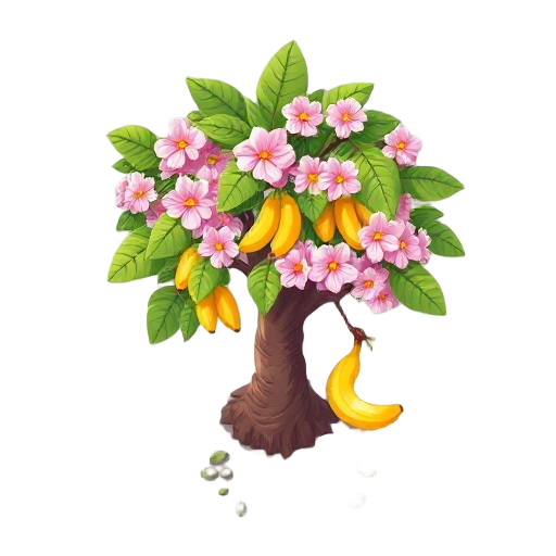 sakura tree with bananas, leaves rustling and a banana falls