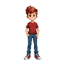 red haired boy, blue eyes, muscle body, red t-shirt, blue jeans and sneakers