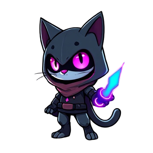 un gato estilo hollow knight con un ojo de boton y una parte morada neon en su mano las proporciones son igual a hollow knight  pero tienen capucha donde salen su orejitas y lo pco que se nota de su cara es el ojo 