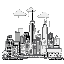 black and white pixel lofi cityscape  with weather coming down