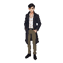 male detective, late 20s, medium build, tall, short silky black hair. outfit: unbuttoned white shirt, khaki ash-grey pants, long dark trench coat, black shoes. style: neo-noir