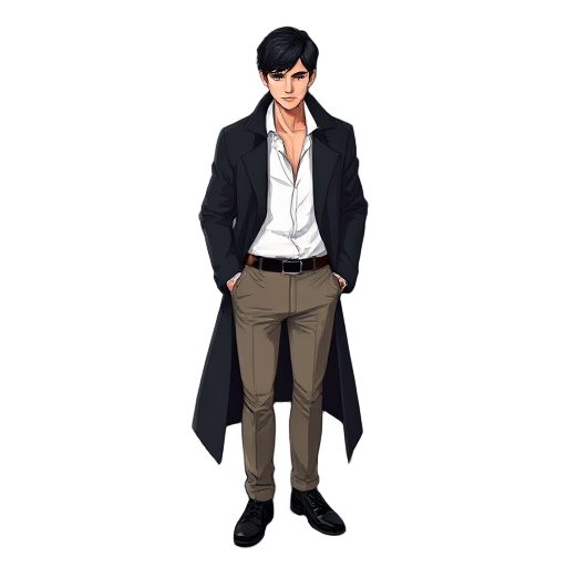 male detective, late 20s, medium build, tall, short silky black hair. outfit: unbuttoned white shirt, khaki ash-grey pants, long dark trench coat, black shoes. style: neo-noir