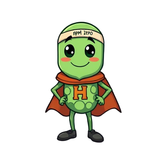 a cute green pixelated e.coli  with hands and legs wearing a shoe with a handband writing "npm zero" on its head and wear a cape with a "h" on its chest