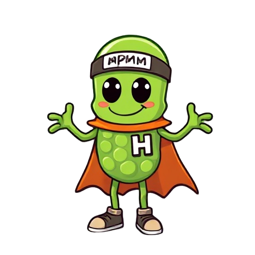 a cute green pixelated e.coli  with hands and legs wearing a shoe with a handband writing "npm zero" on its head and wear a cape with a "h" on its chest