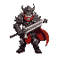 a battle-hardened warrior with spiked armor, a flowing red cape, glowing eyes, and a massive enchanted sword.