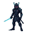 a highly detailed 2d pixel art sprite sheet of a cyber-samurai fighter for a retro-style fighting game. the character is a futuristic warrior with a sleek, armored bodysuit, glowing neon-blue katana, 