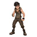 a lean fighter in a crouched stance, wearing a sleeveless hoodie, cargo pants, and boots. his fists are clenched, and his head is slightly lowered, with short, messy hair and a focused expression.