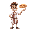 a pizza guy in a striped apron, with a messy hair and a wide grin, spinning a pepperoni pizza on his hand, ready to toss it. he's in a playful stance, with pizza dough flying through the air.