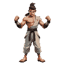 a fierce martial artist with a toned physique, wrapped fists, a tattered sleeveless gi, and a fiery fighting spirit