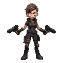a fierce zombie slayer in tactical gear, equipped with dual-wielded pistols. she has short, messy hair, a determined expression, and battle scars, ready to take on any undead in a combat-ready stance.