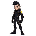 a confident, athletic fighter with a futuristic look, wearing a high-tech, form-fitting black suit with neon accents. his short, slicked-back hair and intense eyes reflect his focus. he stands sideway