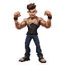 a muscular fighter in a defensive stance, wearing a torn tank top and jeans. his fists are raised, body sideways, with short spiky hair and glowing tattoos on his arms.