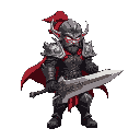 a battle-hardened warrior with spiked armor, a flowing red cape, glowing eyes, and a massive enchanted sword.