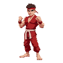 a muscular fighter in a classic street fighter style, wearing a red gi with a white belt, bare feet, and a headband. his stance is sideways, fists raised in a ready position, with a determined express