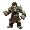 an angry ogre in a fierce fighting stance, wearing tattered armor and torn shorts. his muscular build, sharp tusks, and wild, spiked hair add to his intimidating presence as he glares with glowing eye
