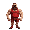 a powerful russian wrestler in a red singlet, with a thick beard, short buzzed hair, and muscular build. he stands in a confident, grappling-ready stance, fists clenched, showing off his strength
